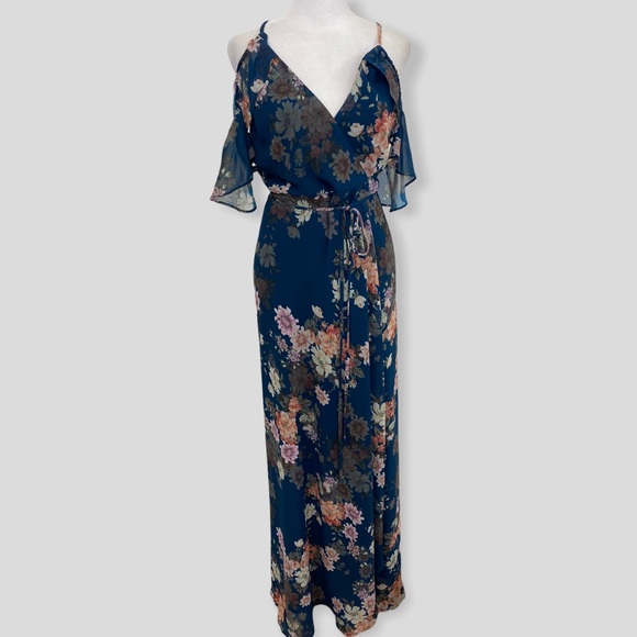 Yumi Kim Blue Floral Cold Shoulder Wrap Dress - Picture 1 of 10